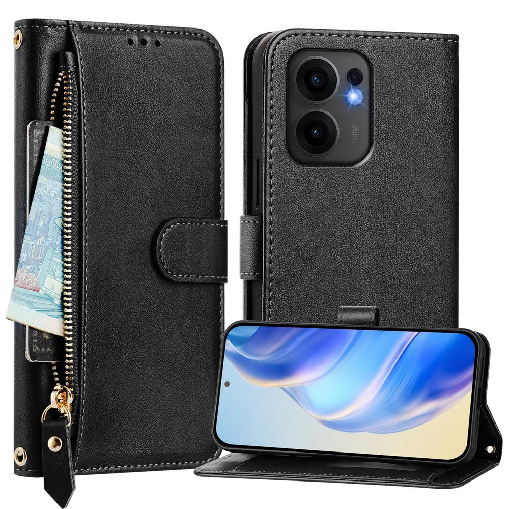 For Oppo Reno13 F 5G Case Zipper Pocket Multiple Card Slots Leather Phone Cover - Black