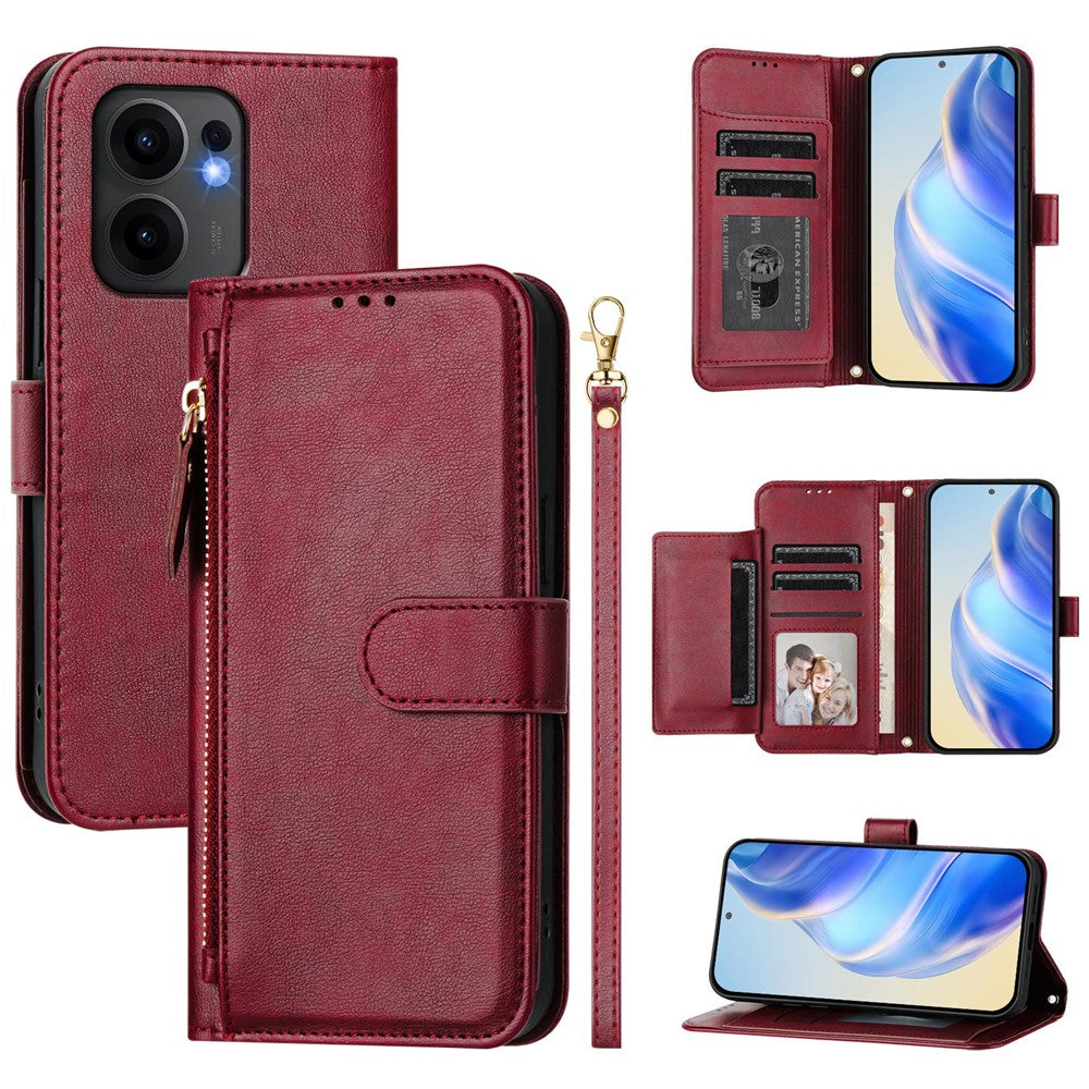 For Oppo Reno13 F 5G Case Zipper Pocket Multiple Card Slots Leather Phone Cover - Red