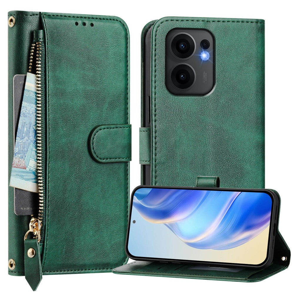 For Oppo Reno13 F 5G Case Zipper Pocket Multiple Card Slots Leather Phone Cover - Green