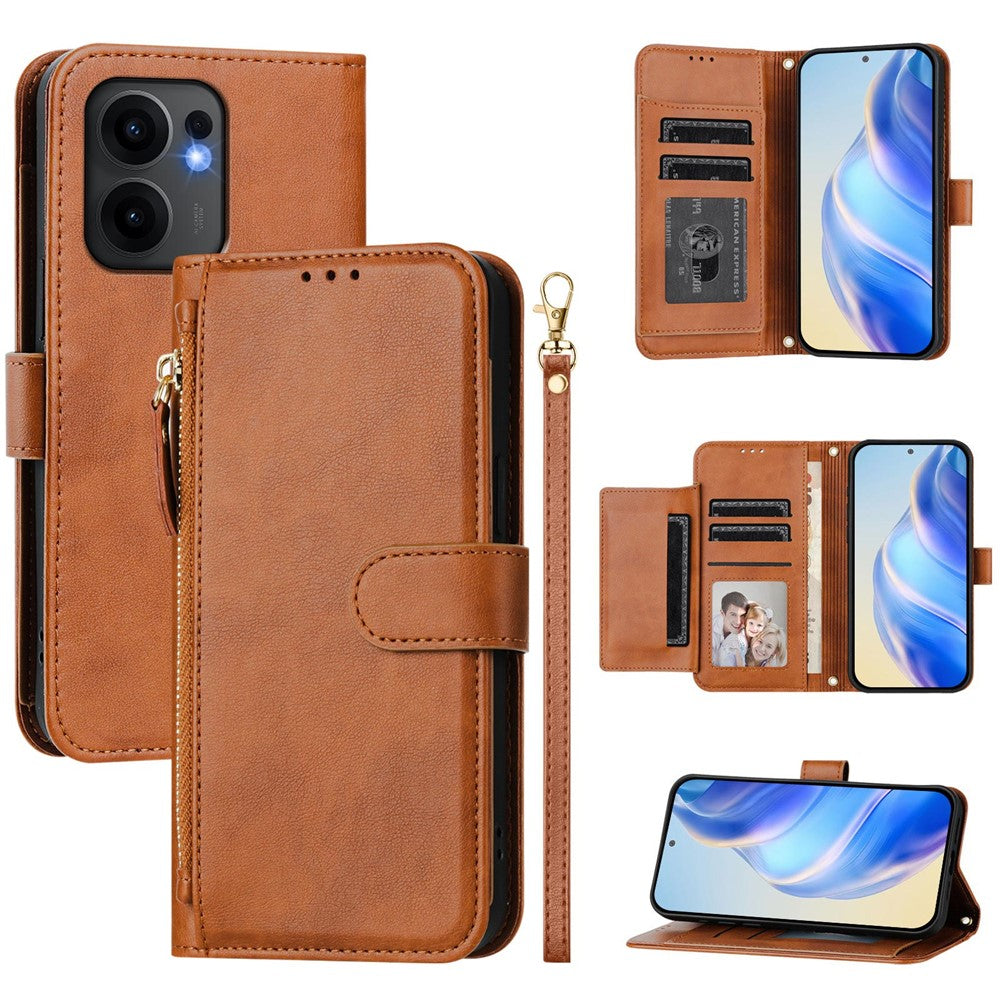 For Oppo Reno13 F 5G Case Zipper Pocket Multiple Card Slots Leather Phone Cover - Brown