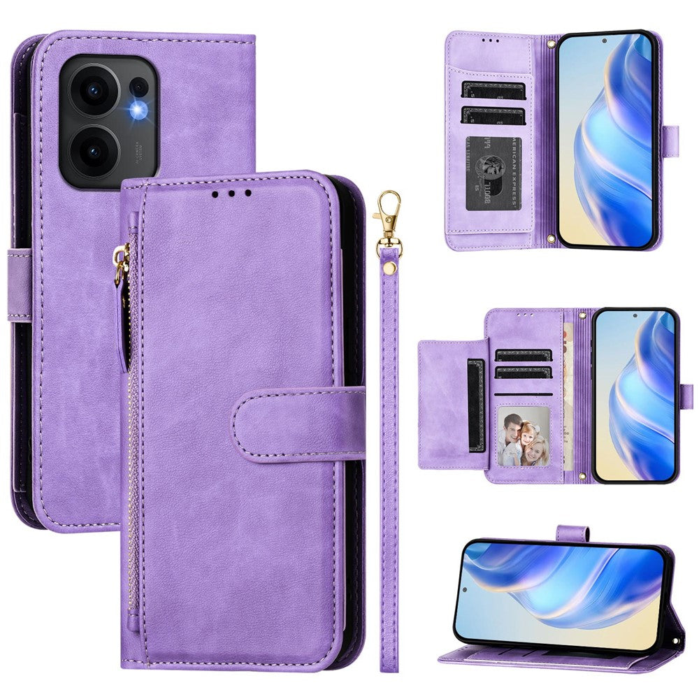 For Oppo Reno13 F 5G Case Zipper Pocket Multiple Card Slots Leather Phone Cover - Purple