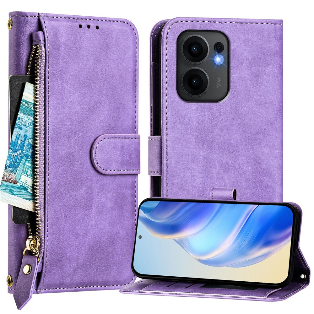For Oppo Reno13 F 5G Case Zipper Pocket Multiple Card Slots Leather Phone Cover - Purple