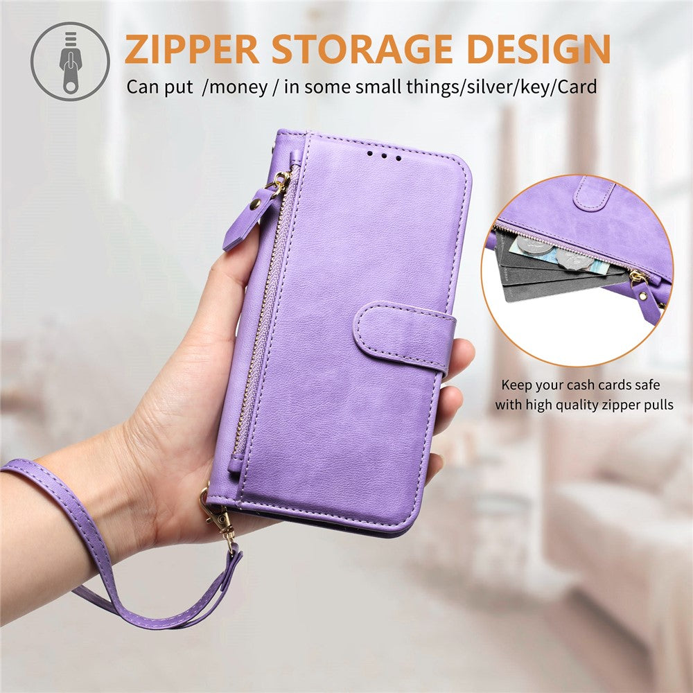 For Oppo Reno13 F 5G Case Zipper Pocket Multiple Card Slots Leather Phone Cover - Purple