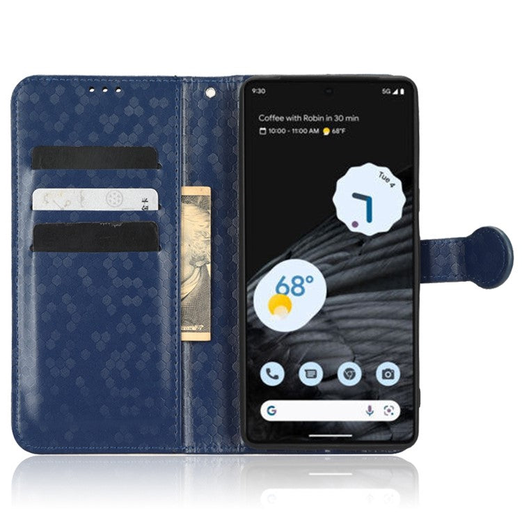 Shockproof Phone Case for Google Pixel 7 Pro 5G, Dot Pattern Imprinted Stand Cell Phone Flip Leather Wallet Cover with Strap - Dark Blue