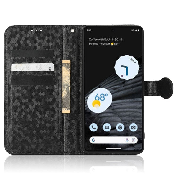 Shockproof Phone Case for Google Pixel 7 Pro 5G, Dot Pattern Imprinted Stand Cell Phone Flip Leather Wallet Cover with Strap - Dark Blue