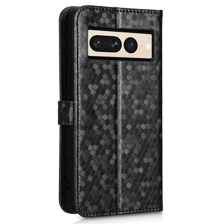 Shockproof Phone Case for Google Pixel 7 Pro 5G, Dot Pattern Imprinted Stand Cell Phone Flip Leather Wallet Cover with Strap - Black