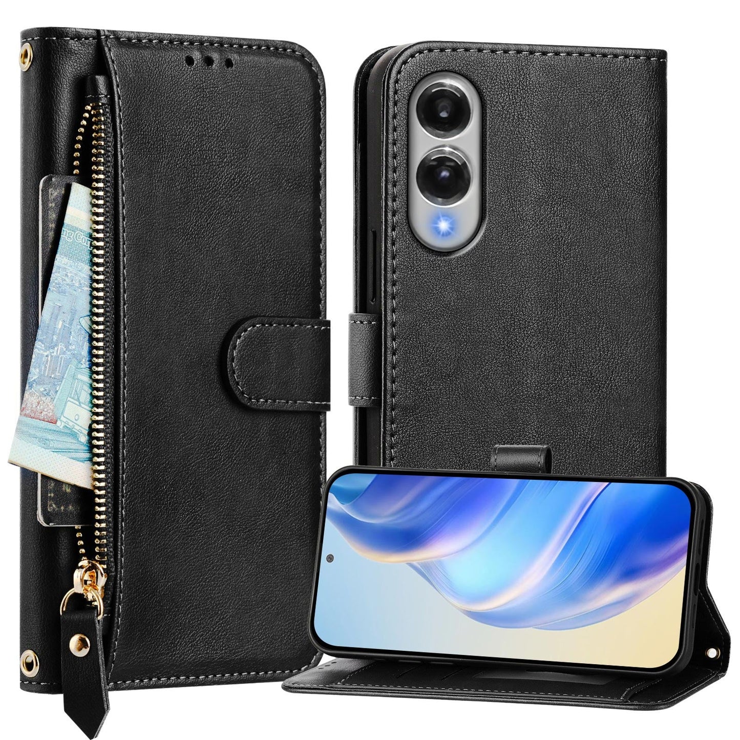 For Samsung Galaxy S25 Edge Case Zipper Pocket Multiple Card Slots Leather Phone Cover - Black