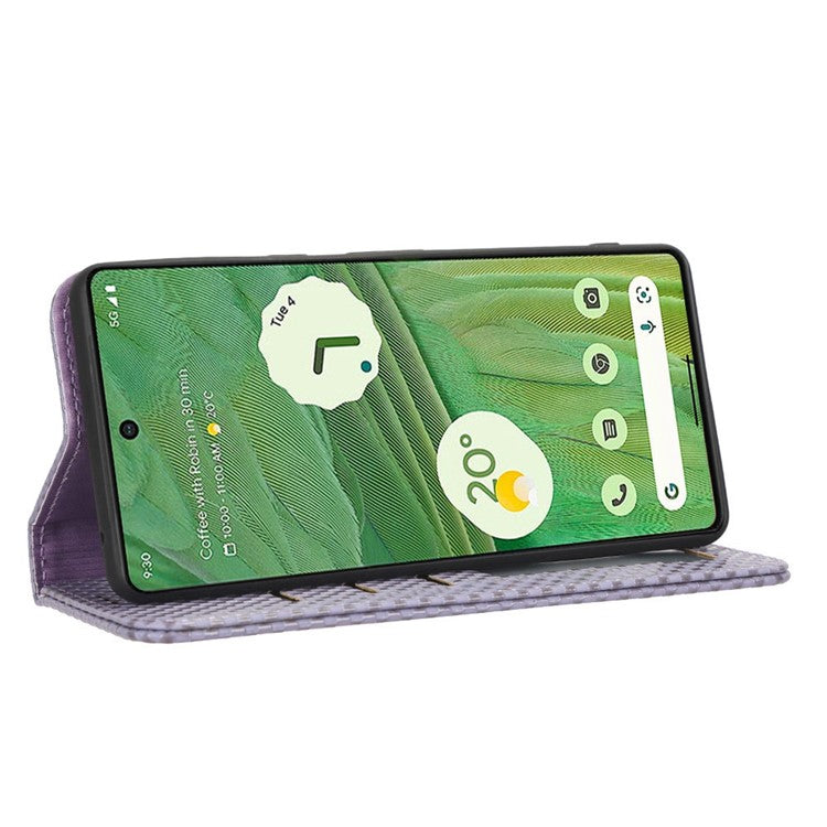 Full Protection Phone Cover For Google Pixel 7 5G, PU Leather Flip Wallet Stand Grid Texture Magnetic Closure Anti-scratch Phone Case - Light Purple
