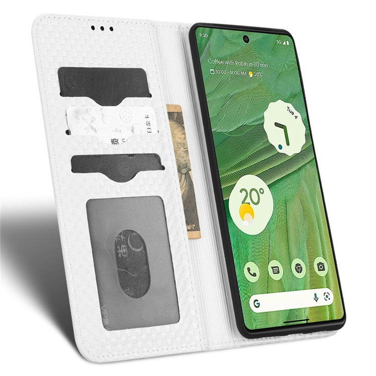 Full Protection Phone Cover For Google Pixel 7 5G, PU Leather Flip Wallet Stand Grid Texture Magnetic Closure Anti-scratch Phone Case - White