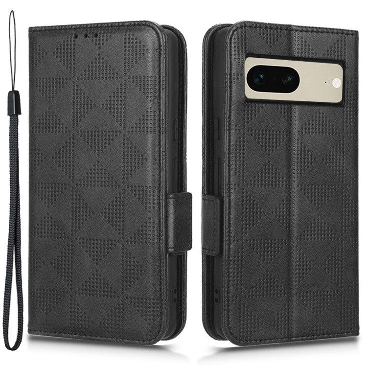 For Google Pixel 7 5G Imprinted Triangle Pattern Leather Magnetic Flip Cover Stand Feature Wallet Purse Phone Case - Black