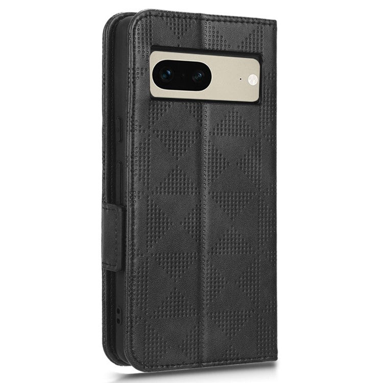 For Google Pixel 7 5G Imprinted Triangle Pattern Leather Magnetic Flip Cover Stand Feature Wallet Purse Phone Case - Black