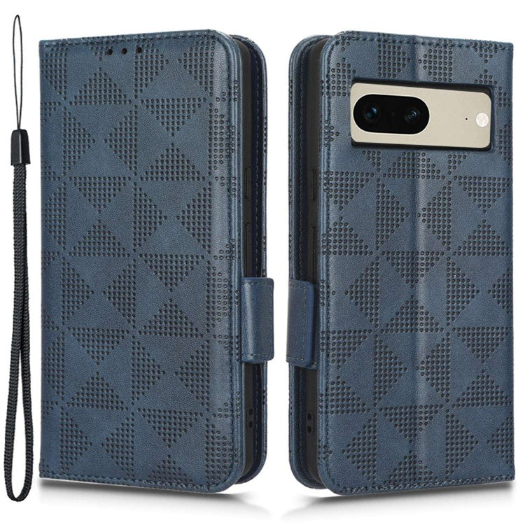 For Google Pixel 7 5G Imprinted Triangle Pattern Leather Magnetic Flip Cover Stand Feature Wallet Purse Phone Case - Blue