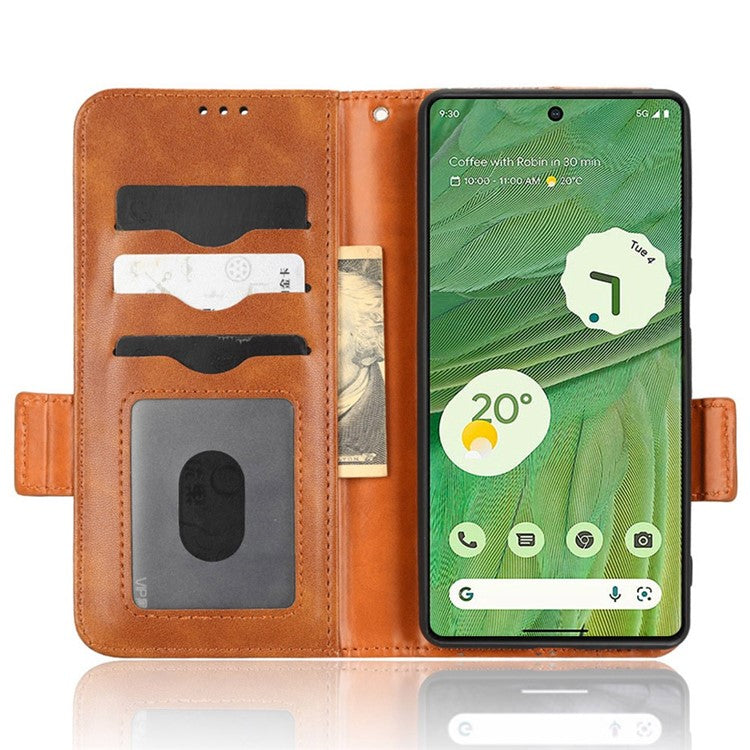 For Google Pixel 7 5G Imprinted Triangle Pattern Leather Magnetic Flip Cover Stand Feature Wallet Purse Phone Case - Brown