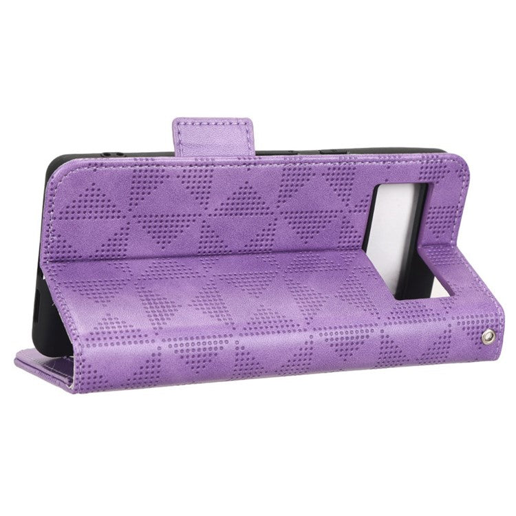 For Google Pixel 7 5G Imprinted Triangle Pattern Leather Magnetic Flip Cover Stand Feature Wallet Purse Phone Case - Purple