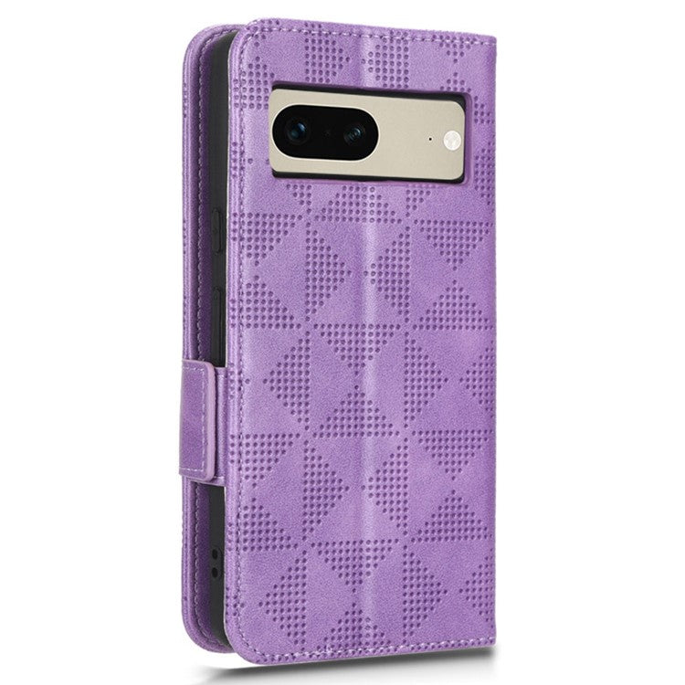 For Google Pixel 7 5G Imprinted Triangle Pattern Leather Magnetic Flip Cover Stand Feature Wallet Purse Phone Case - Purple