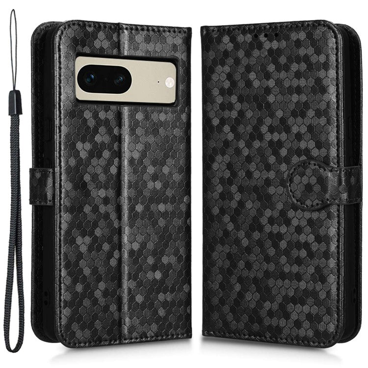 Anti-scratch Phone Case for Google Pixel 7 5G, Dot Pattern Imprinted Stand Cell Phone Flip Leather Wallet Cover with Strap - Black