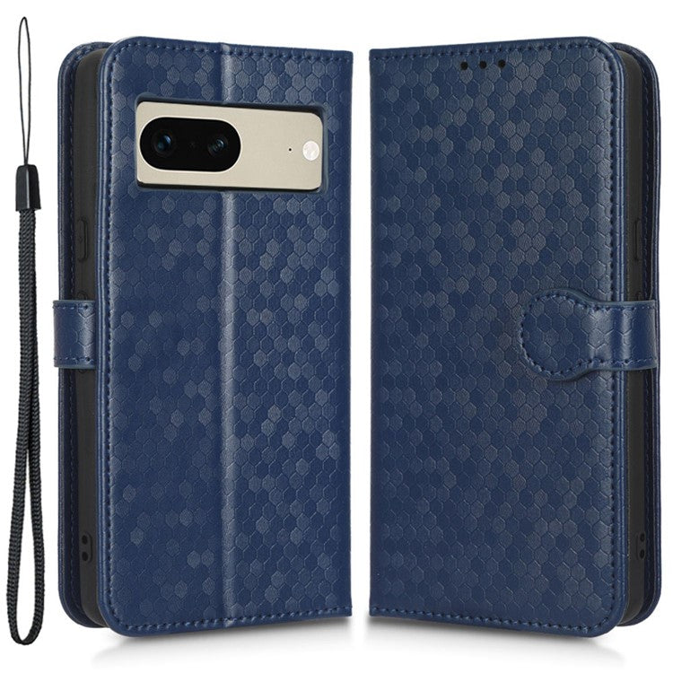 Anti-scratch Phone Case for Google Pixel 7 5G, Dot Pattern Imprinted Stand Cell Phone Flip Leather Wallet Cover with Strap - Dark Blue