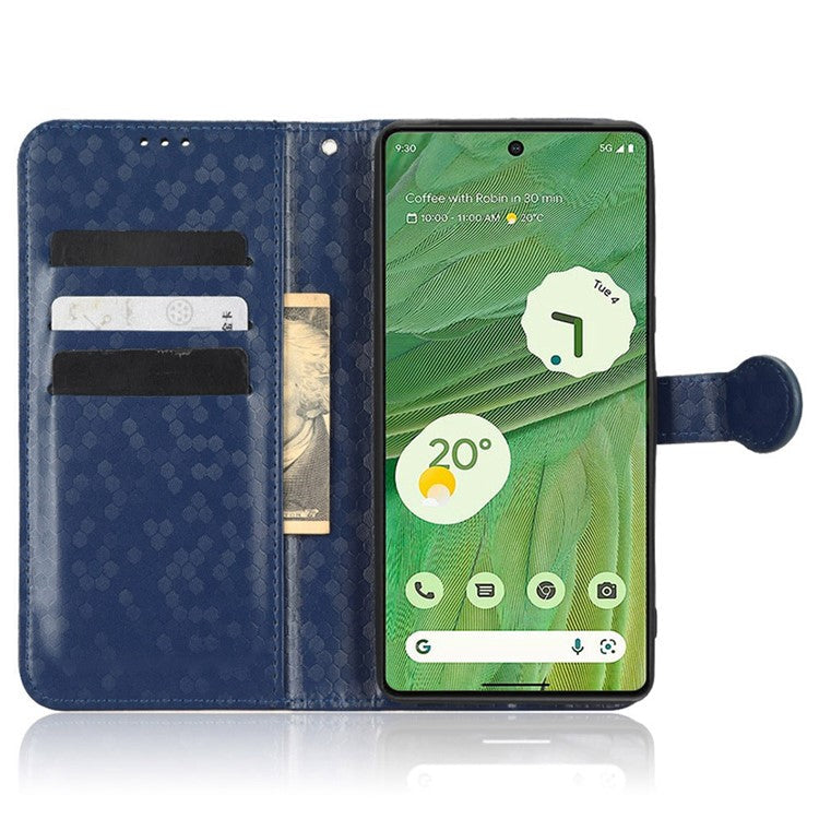Anti-scratch Phone Case for Google Pixel 7 5G, Dot Pattern Imprinted Stand Cell Phone Flip Leather Wallet Cover with Strap - Dark Blue