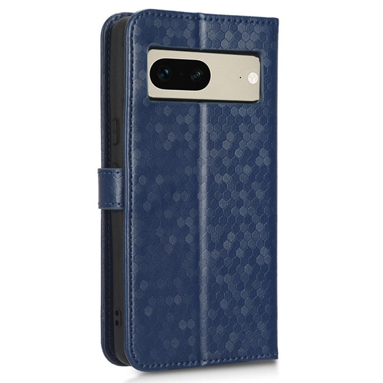 Anti-scratch Phone Case for Google Pixel 7 5G, Dot Pattern Imprinted Stand Cell Phone Flip Leather Wallet Cover with Strap - Dark Blue