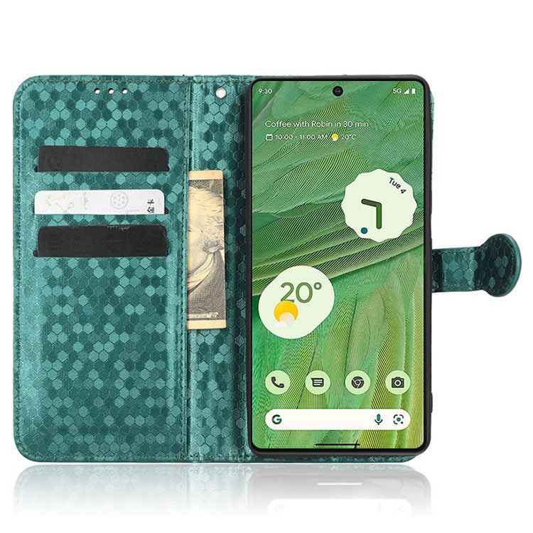 Anti-scratch Phone Case for Google Pixel 7 5G, Dot Pattern Imprinted Stand Cell Phone Flip Leather Wallet Cover with Strap - Green