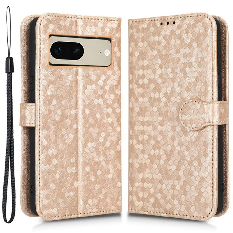 Anti-scratch Phone Case for Google Pixel 7 5G, Dot Pattern Imprinted Stand Cell Phone Flip Leather Wallet Cover with Strap - Rose Gold