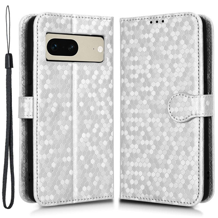 Anti-scratch Phone Case for Google Pixel 7 5G, Dot Pattern Imprinted Stand Cell Phone Flip Leather Wallet Cover with Strap - Silver