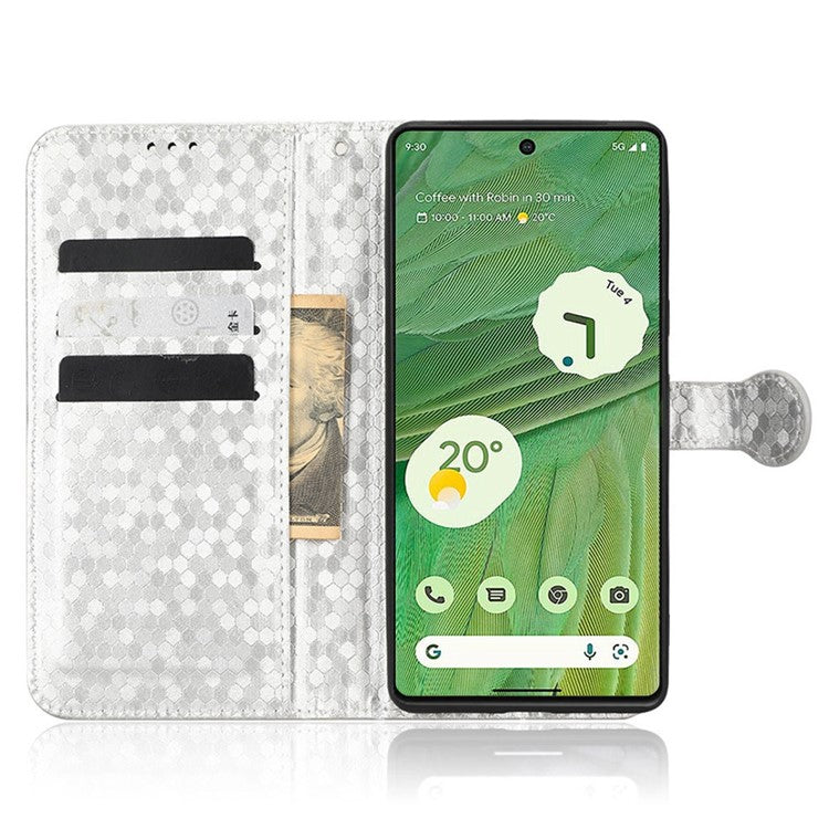 Anti-scratch Phone Case for Google Pixel 7 5G, Dot Pattern Imprinted Stand Cell Phone Flip Leather Wallet Cover with Strap - Silver