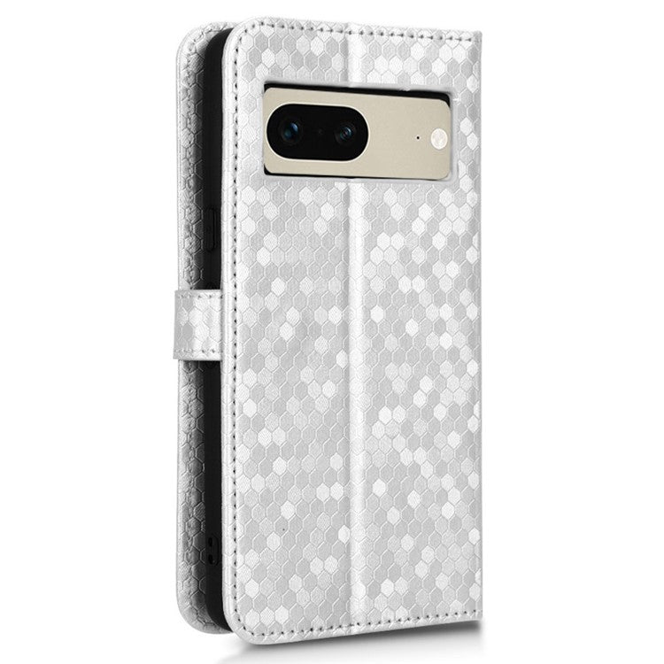 Anti-scratch Phone Case for Google Pixel 7 5G, Dot Pattern Imprinted Stand Cell Phone Flip Leather Wallet Cover with Strap - Silver