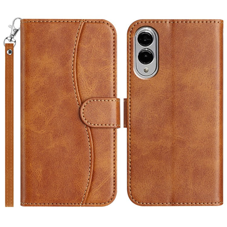 For Samsung Galaxy S25 Edge Stand Case with Strap PU Leather Wallet Phone Cover S Shape Stitching Design - Brown
