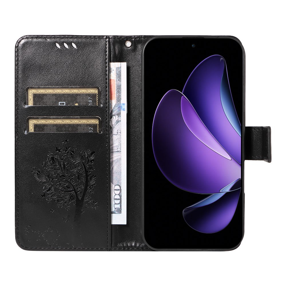 For Oppo Reno13 F 5G Phone Case with Stand Cat Tree Pattern Leather Wallet Mobile Cover -  Black