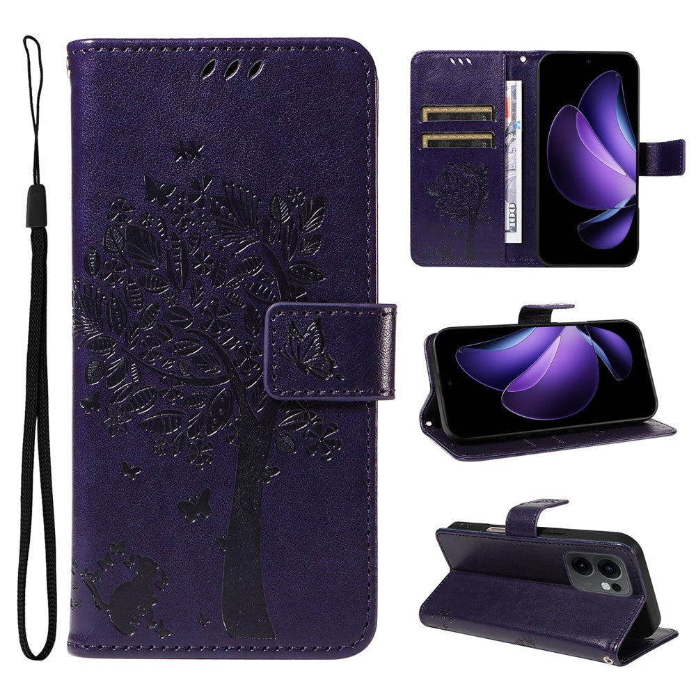 For Oppo Reno13 F 5G Phone Case with Stand Cat Tree Pattern Leather Wallet Mobile Cover - Purple