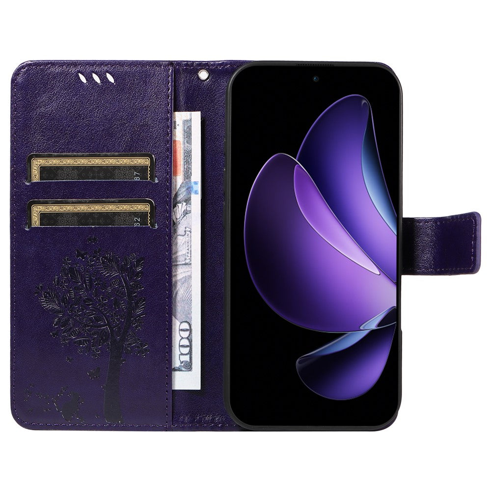 For Oppo Reno13 F 5G Phone Case with Stand Cat Tree Pattern Leather Wallet Mobile Cover - Purple