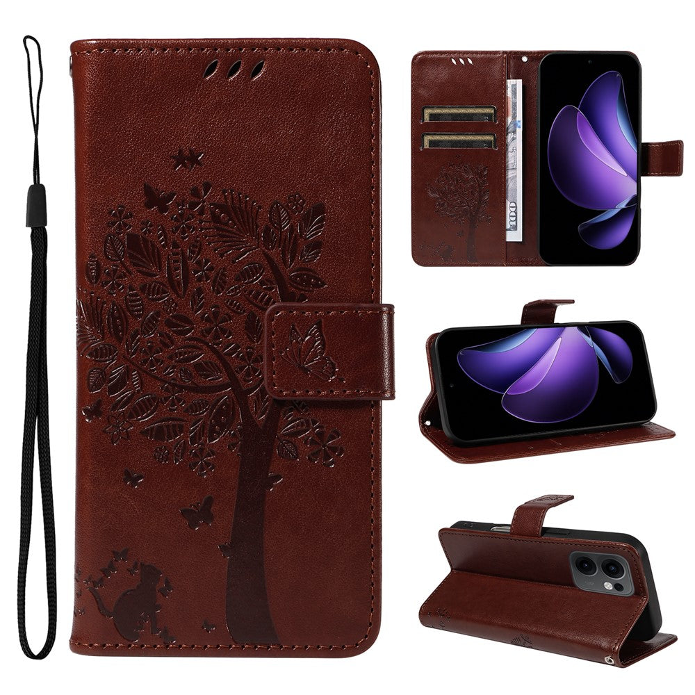 For Oppo Reno13 F 5G Phone Case with Stand Cat Tree Pattern Leather Wallet Mobile Cover - Coffee
