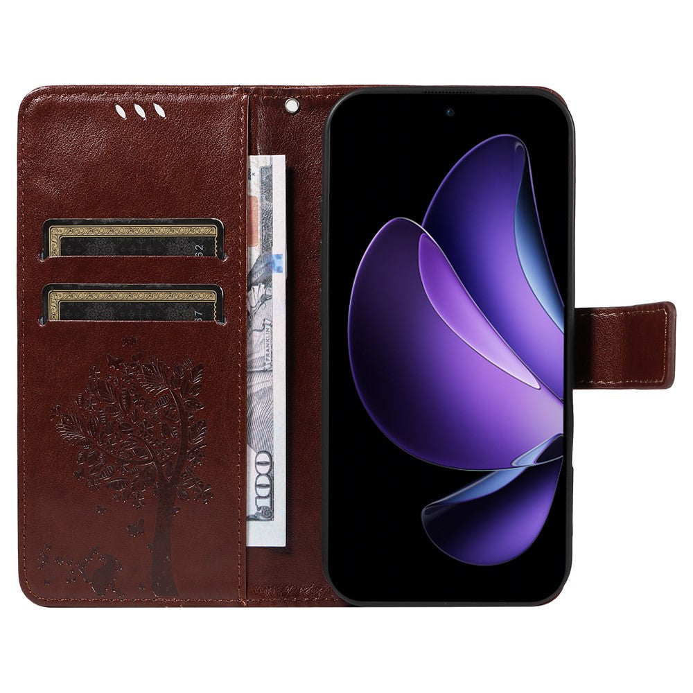 For Oppo Reno13 F 5G Phone Case with Stand Cat Tree Pattern Leather Wallet Mobile Cover - Coffee