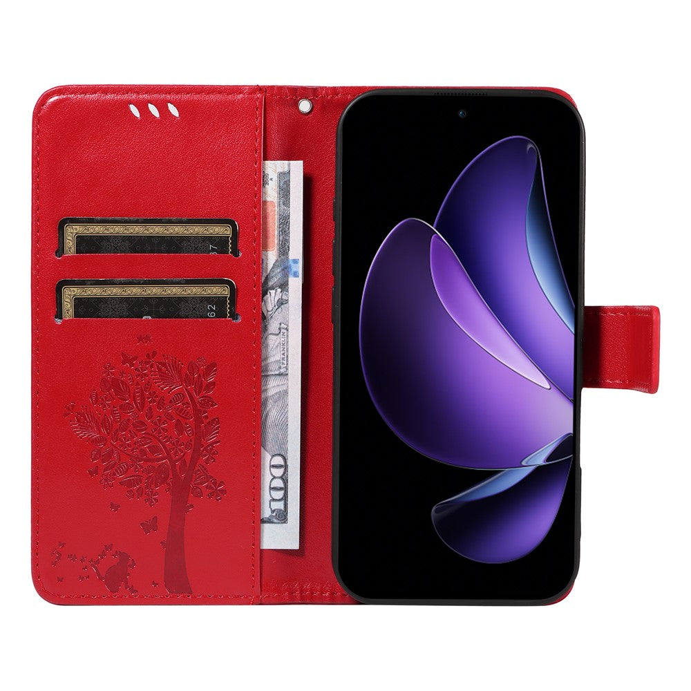For Oppo Reno13 F 5G Phone Case with Stand Cat Tree Pattern Leather Wallet Mobile Cover - Red