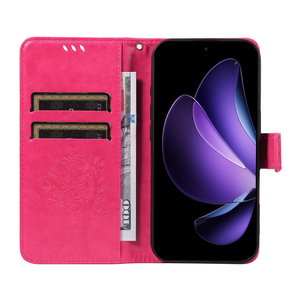 For Oppo Reno13 F 5G Phone Case with Stand Cat Tree Pattern Leather Wallet Mobile Cover - Rose