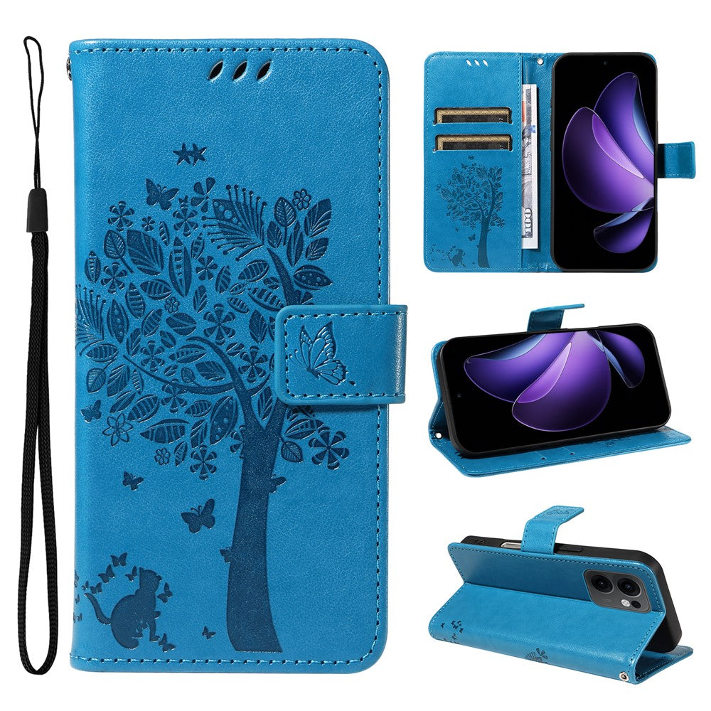 For Oppo Reno13 F 5G Phone Case with Stand Cat Tree Pattern Leather Wallet Mobile Cover - Blue
