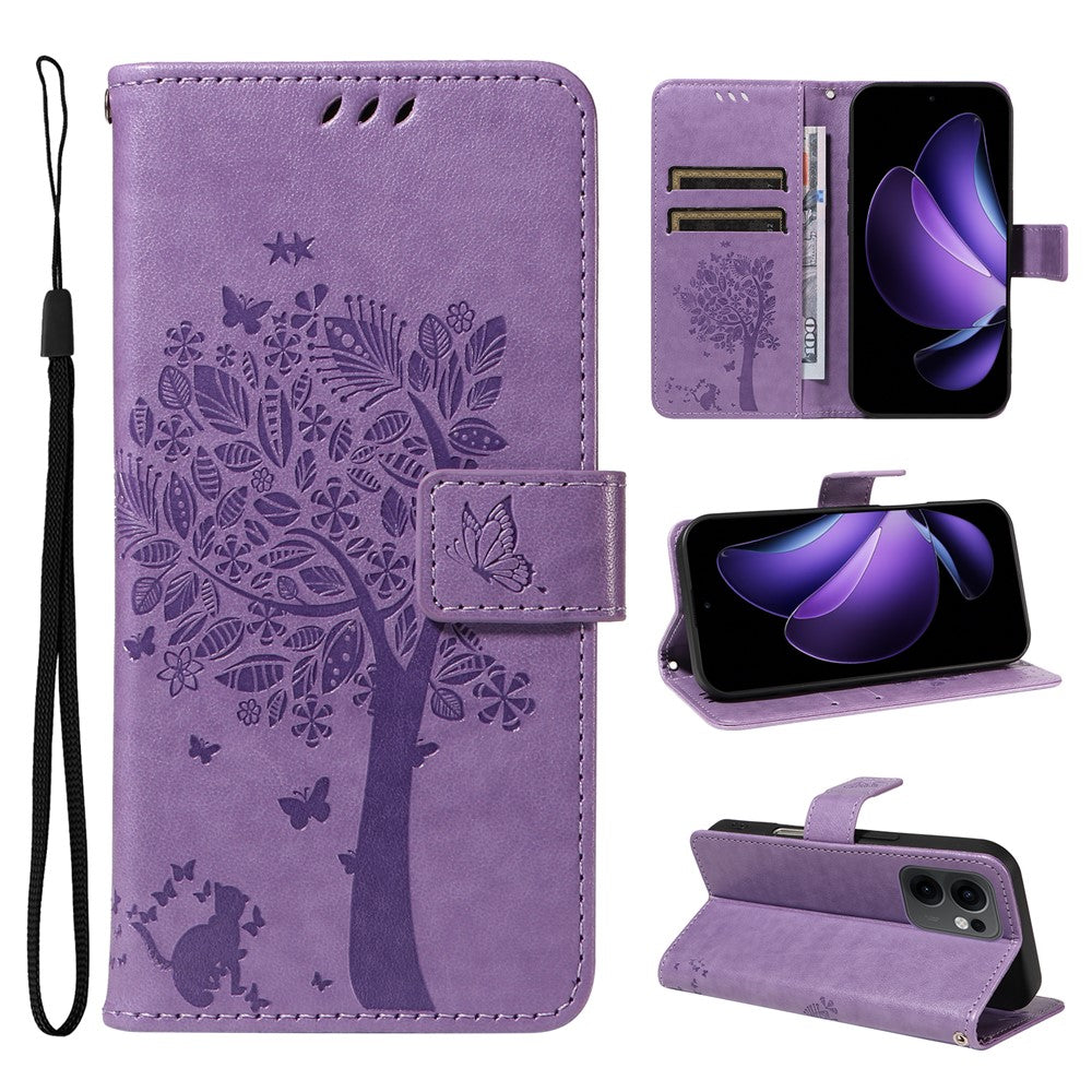 For Oppo Reno13 F 5G Phone Case with Stand Cat Tree Pattern Leather Wallet Mobile Cover -  Light Purple