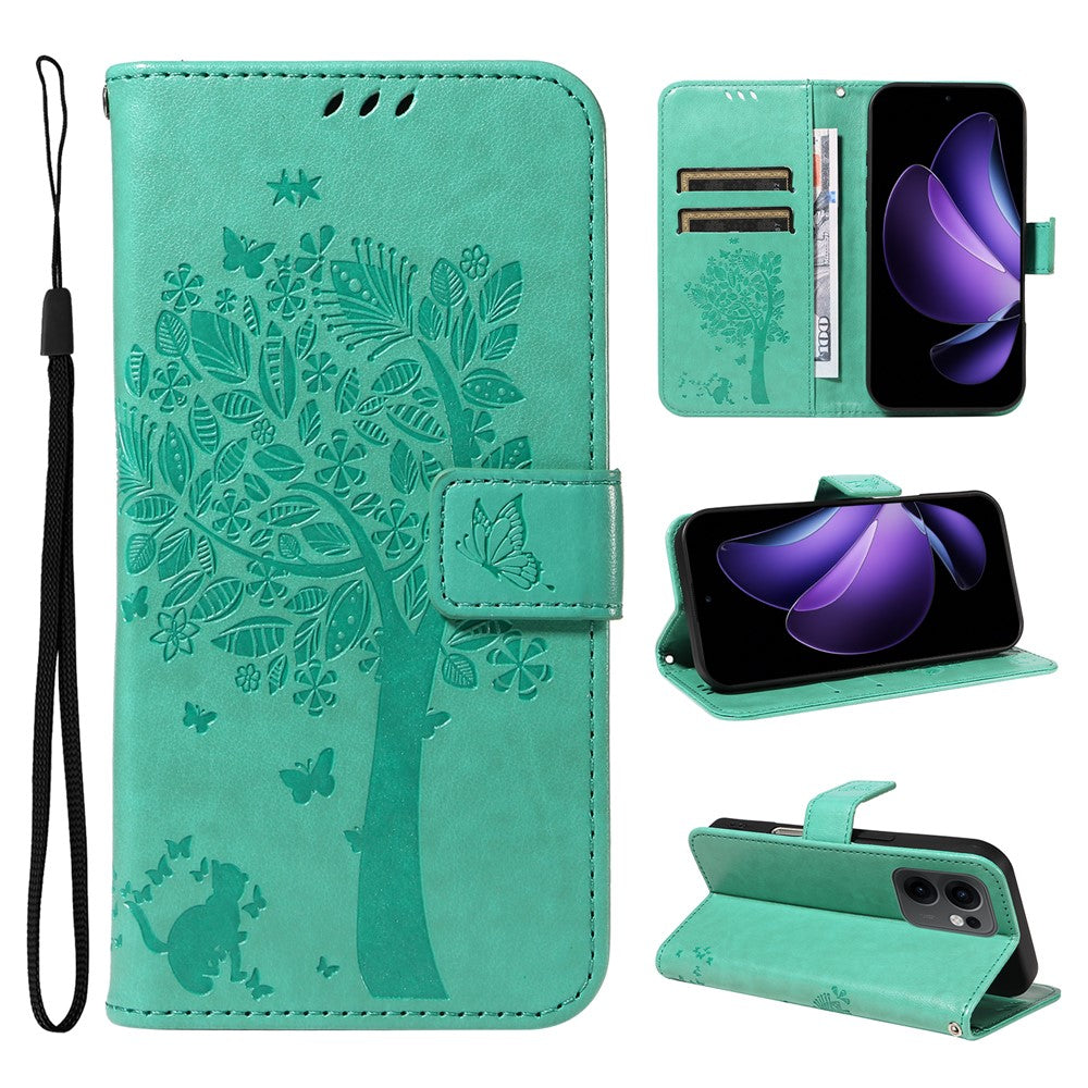 For Oppo Reno13 F 5G Phone Case with Stand Cat Tree Pattern Leather Wallet Mobile Cover - Green