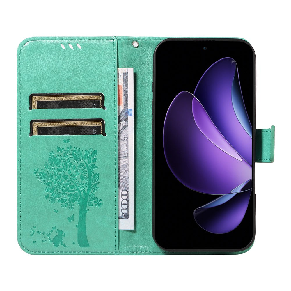 For Oppo Reno13 F 5G Phone Case with Stand Cat Tree Pattern Leather Wallet Mobile Cover - Green