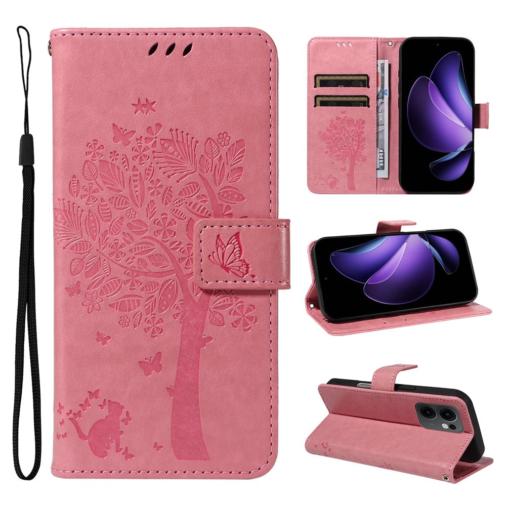 For Oppo Reno13 F 5G Phone Case with Stand Cat Tree Pattern Leather Wallet Mobile Cover - Pink