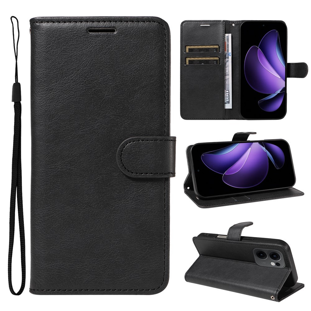 For Oppo Reno13 F 5G Leather Wallet Case with Strap Solid Color Phone Stand Cover - Black
