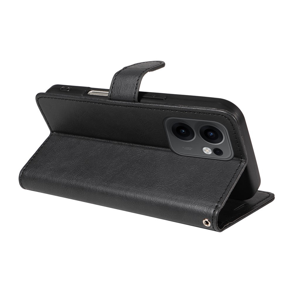 For Oppo Reno13 F 5G Leather Wallet Case with Strap Solid Color Phone Stand Cover - Black