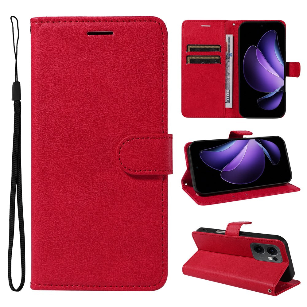 For Oppo Reno13 F 5G Leather Wallet Case with Strap Solid Color Phone Stand Cover - Red