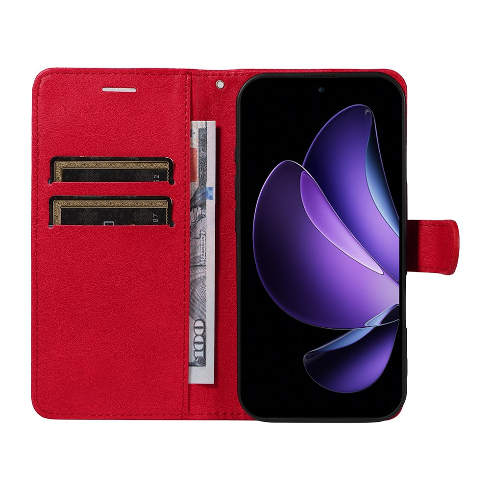 For Oppo Reno13 F 5G Leather Wallet Case with Strap Solid Color Phone Stand Cover - Red