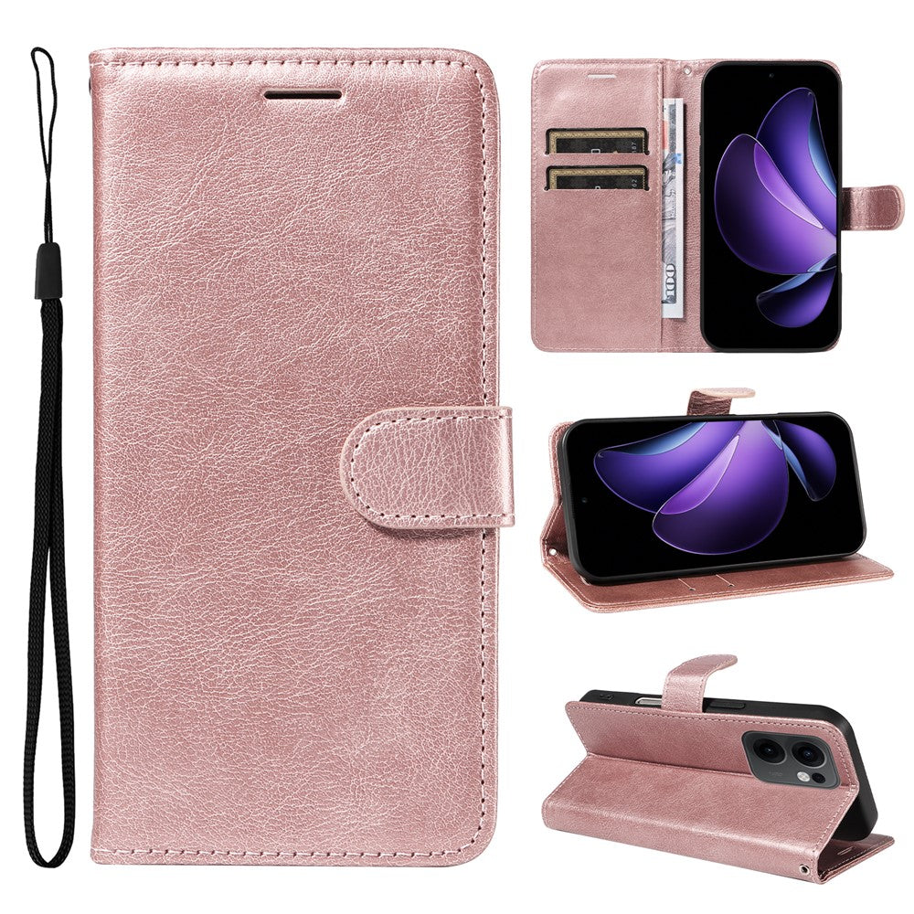For Oppo Reno13 F 5G Leather Wallet Case with Strap Solid Color Phone Stand Cover - Rose Gold