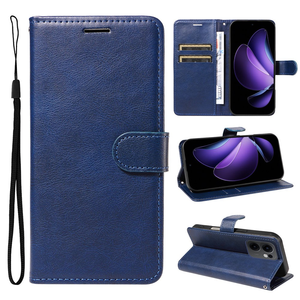 For Oppo Reno13 F 5G Leather Wallet Case with Strap Solid Color Phone Stand Cover - Blue