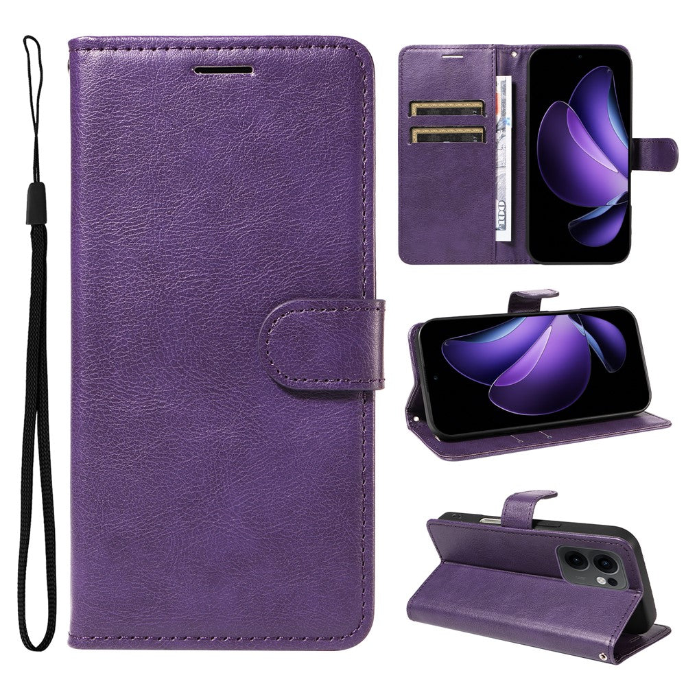 For Oppo Reno13 F 5G Leather Wallet Case with Strap Solid Color Phone Stand Cover - Purple
