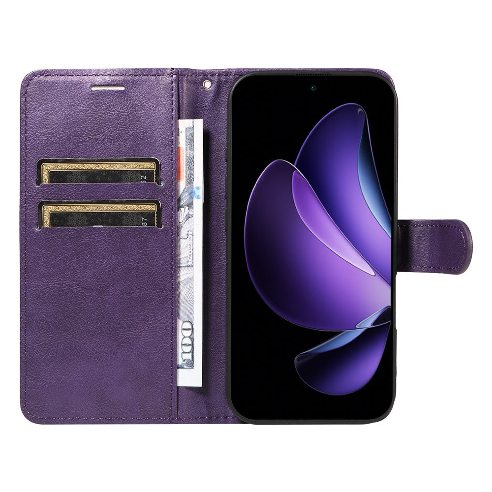 For Oppo Reno13 F 5G Leather Wallet Case with Strap Solid Color Phone Stand Cover - Purple