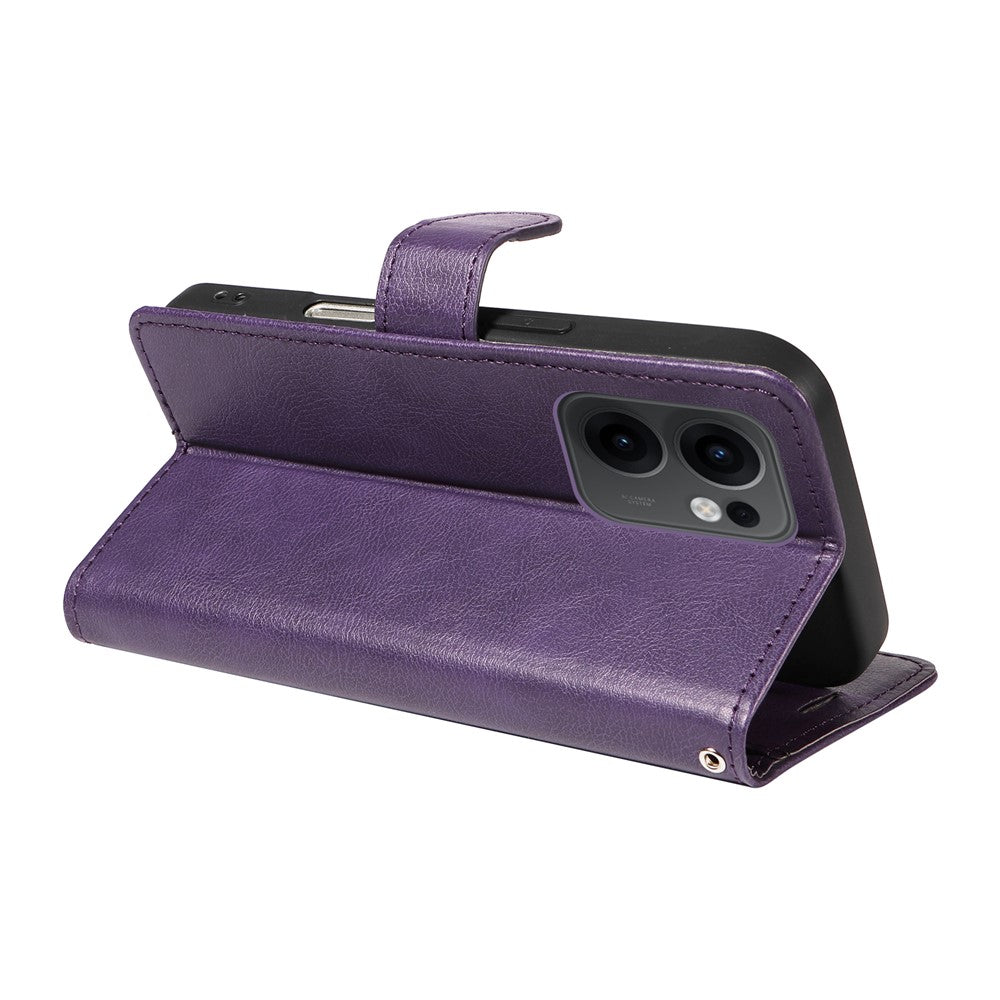 For Oppo Reno13 F 5G Leather Wallet Case with Strap Solid Color Phone Stand Cover - Purple